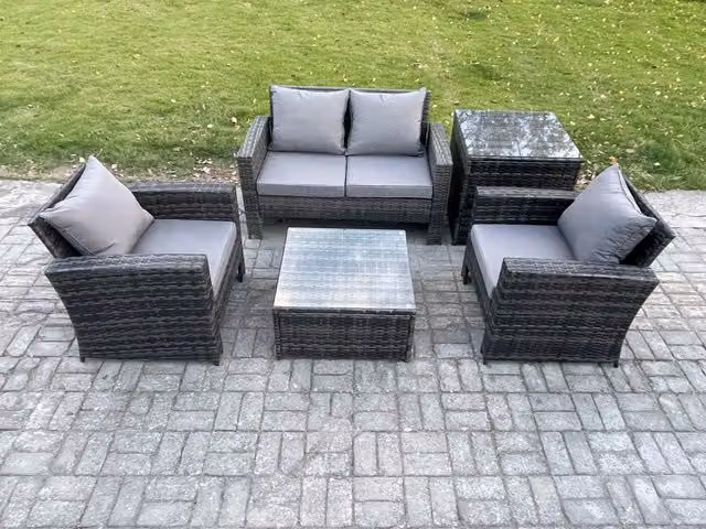Fimous Outdoor Lounge Sofa Set in Dark Grey PE Rattan with Armchair and Square Coffee Table