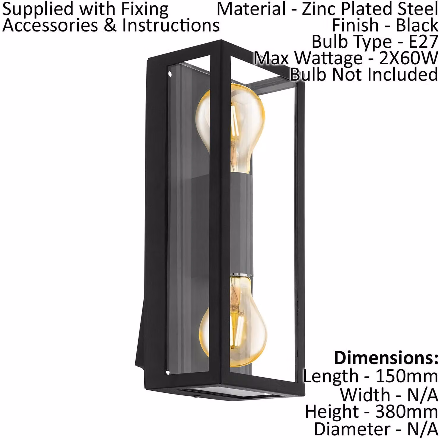 Loops 2 Pack Black IP44 Outdoor Wall Light with Square Transparent Glass Shade and E27 Socket – 2