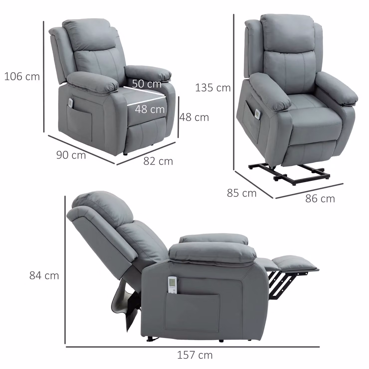 HOMCOM Grey Synthetic Leather Power Lift Recliner Chair with Armrests – 3