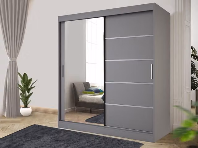RAC3 Modern Grey Matt Sliding Door Wardrobe with Mirror and Integrated Drawers, Height: 203 cm