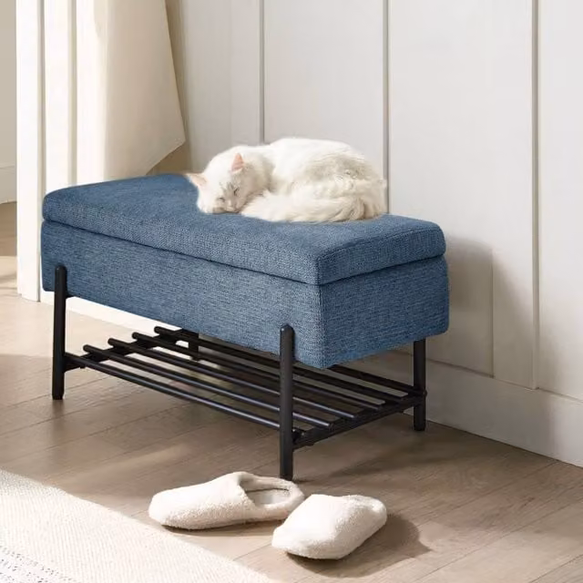 Wyld Haus Blue Mid-Century Upholstered Storage Bench with Built-In Shoe Rack – 1