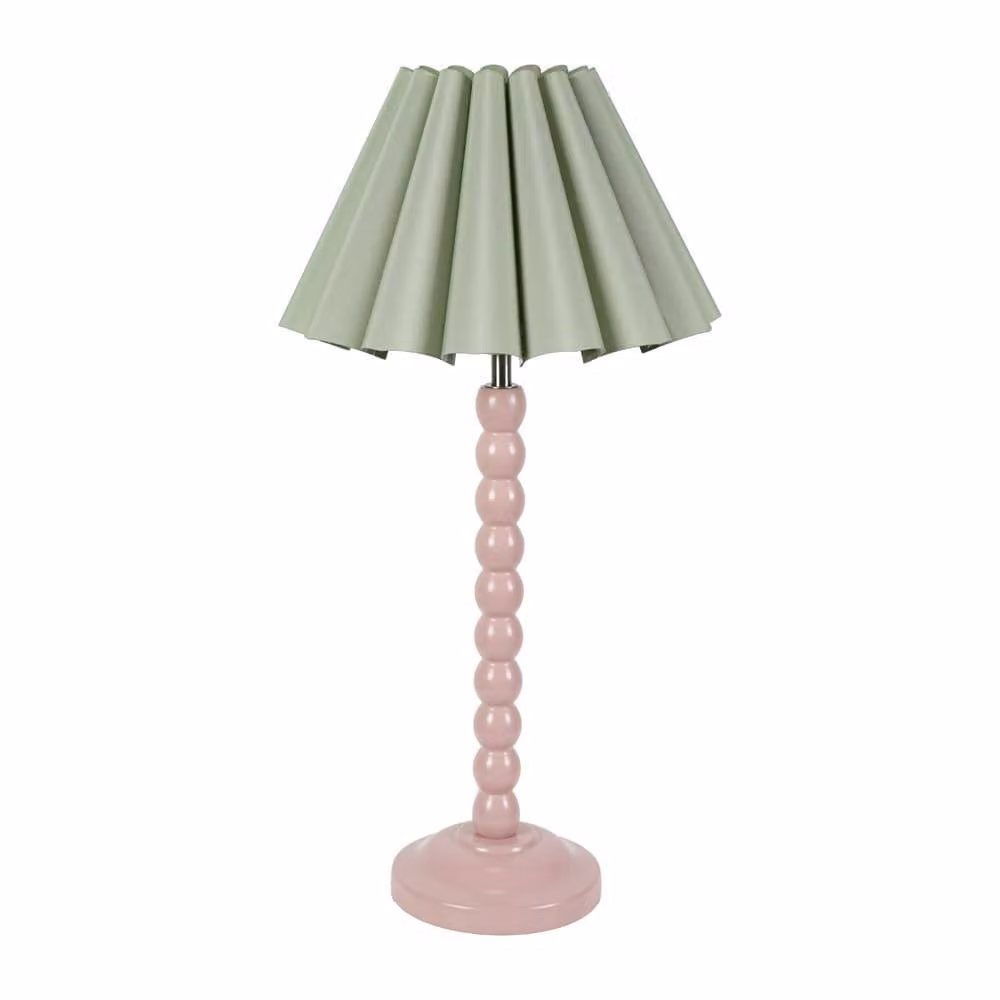 ValueLights Rose Pink Bobbin Stem Table Lamp with Green Fabric Tapered Shade – 2