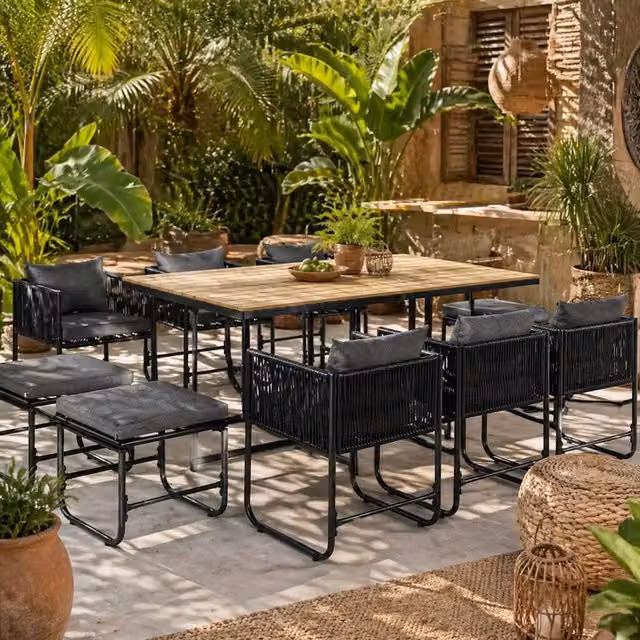 Wyld Haus Latata 10 Seater Black Rattan Style Cube Garden Dining Set with Natural Stools – 1
