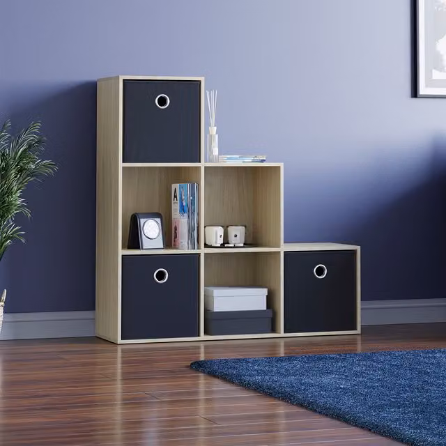 Vida Designs Durham 6 Cube Staircase Storage Unit in Oak with 3 Black Baskets