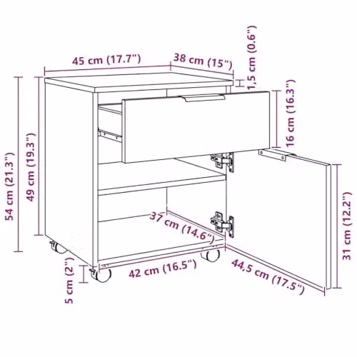 vidaXL Mobile File Cabinet with Castors, Concrete Grey, W: 45 cm, D: 38 cm, H: 54 cm – 2