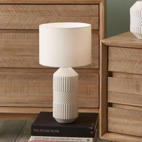 Pacific Lifestyle Geometric Textured Ceramic Table Lamp in Grey and White with White Fabric Drum Shade