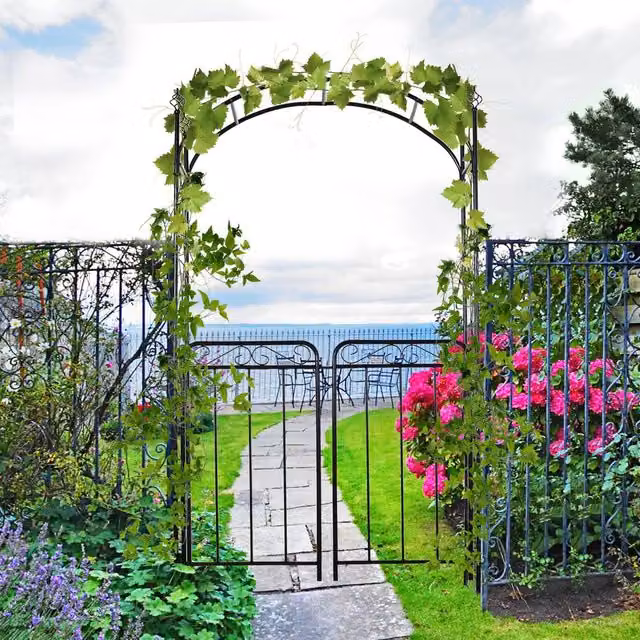 Outsunny Metal Decorative Garden Arbor with Double Swing Gate in Black, H: 215 x W: 108 x D: 45 cm