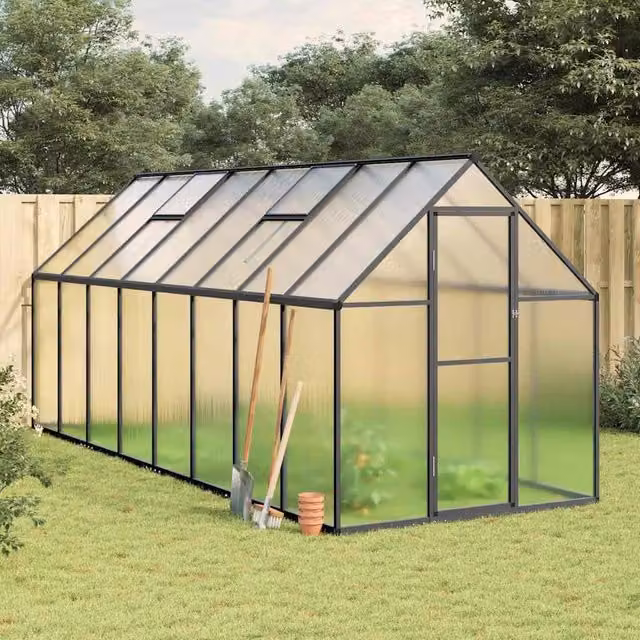 Berkfield Home Anthracite Aluminium Greenhouse with Polycarbonate Windows and Base Frame W/D/H: 445 x 169 x 195 cm
