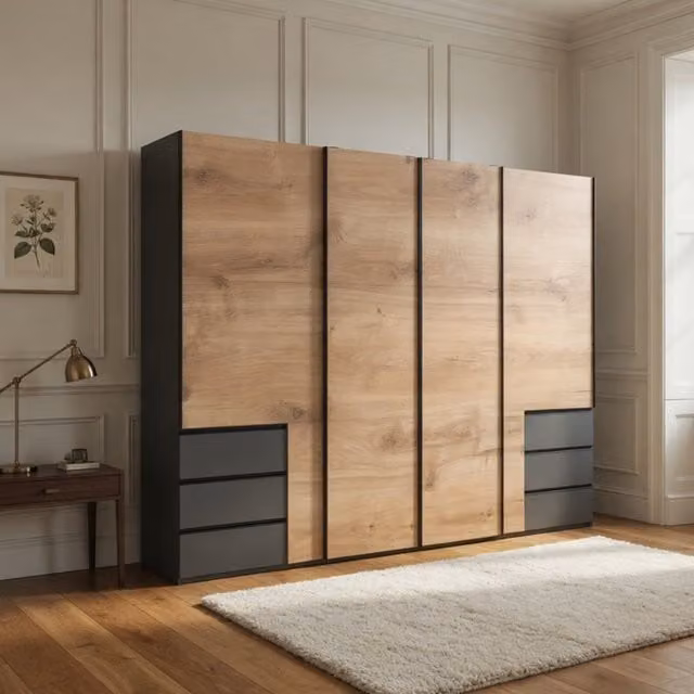 Guardino 4 Door Sliding Wardrobe in Planked Oak and Graphite with Integrated Drawers