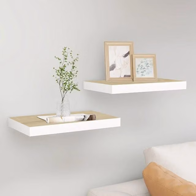 Berkfield Home Set of 2 Floating Wall Shelves in Oak and White, W: 40 cm, D: 23 cm, H: 3.8 cm