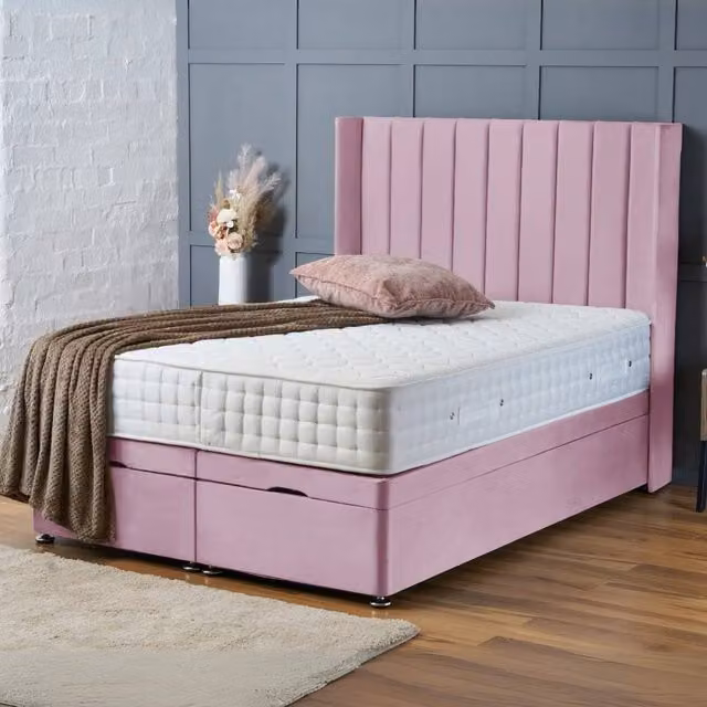 BSSPOKE Hannah Ottoman Divan Bed with 54 inch Headboard in Pink Plush Velvet, W/D/H: 90 x 190 cm