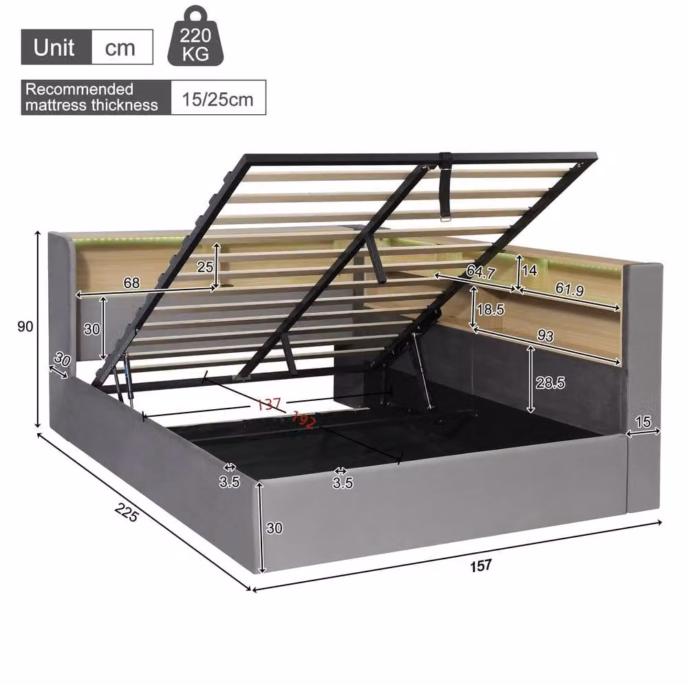 STILVORA Grey Velvet Double Storage Bed with LED Lighting, USB Charging and Lift-Up Base, W: 140 cm, L: 200 cm – 3