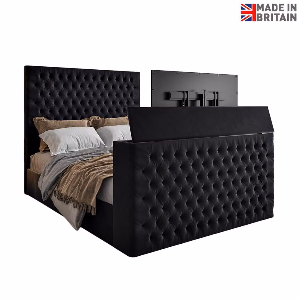 KDMD Capella Upholstered Soft Velvet TV Bed Frame with Lift Up Base, Black, W/D/H: 140 x 200 cm – 3