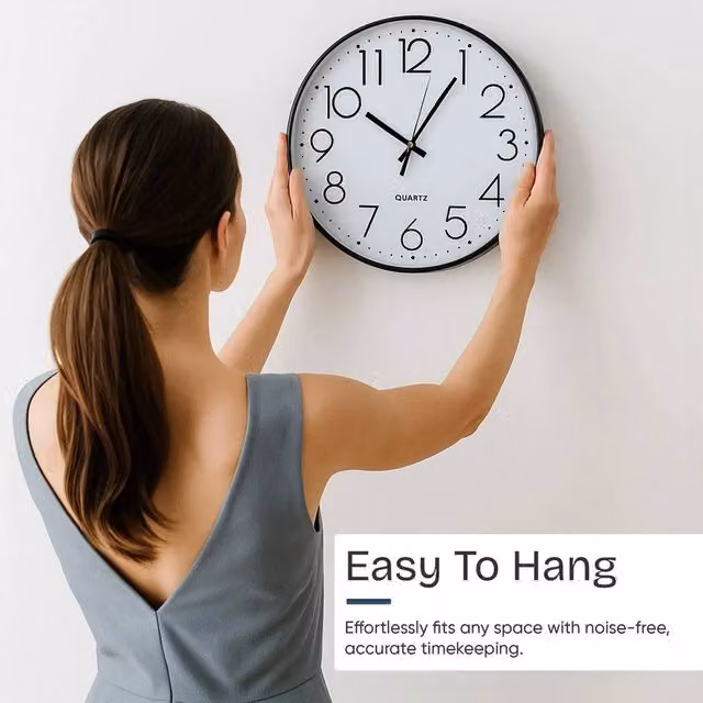 PAWNORA Black Silent Round Quartz Wall Clock with Modern Analog Display, Diameter: 30.48 cm – 1