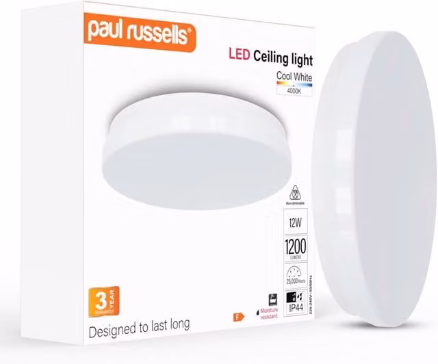 Paul Russells 12W LED Round Recessed Downlights, 4000K Cool White, 1200 Lumens, IP44, White
