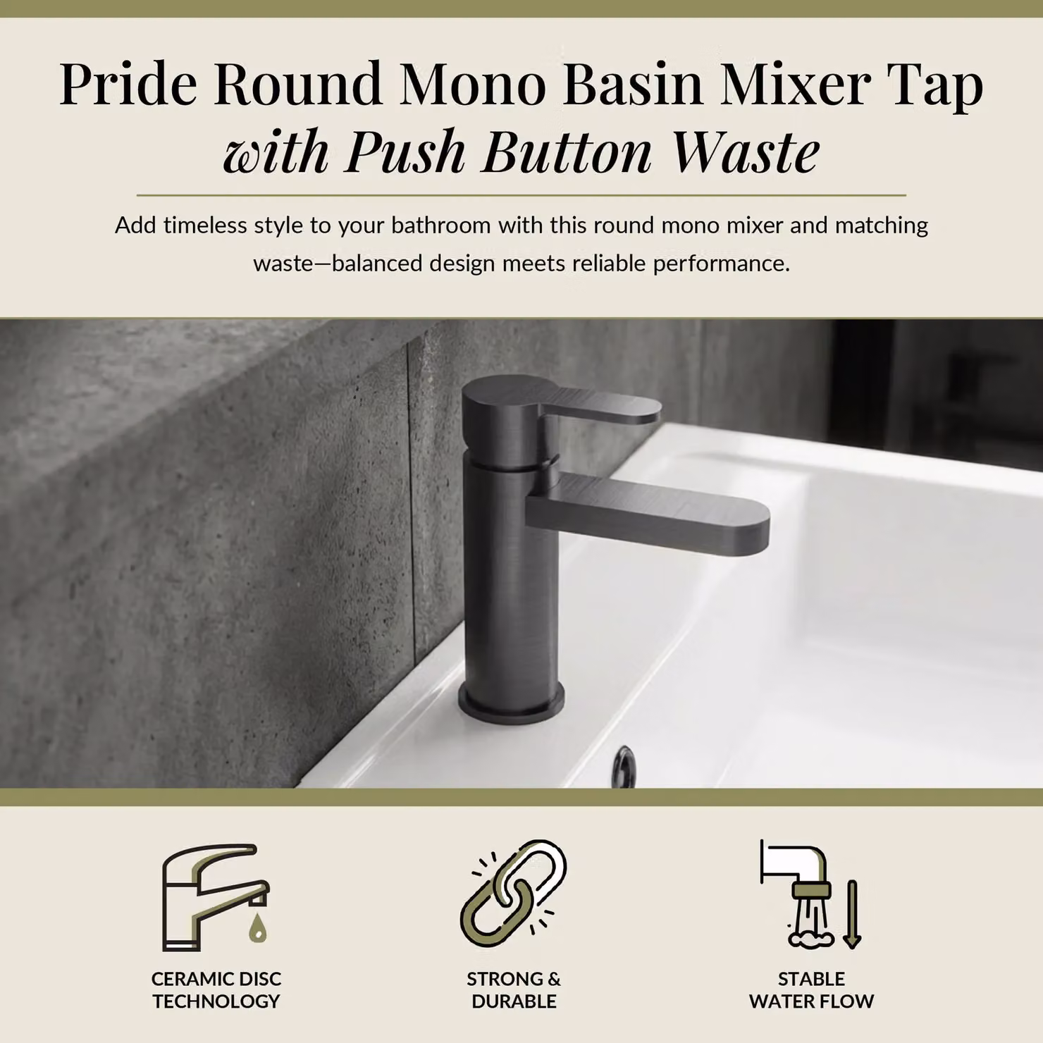 Balterley Pride Round Mono Basin Mixer Tap with Push Button Waste, Brushed Pewter and Silver – 2