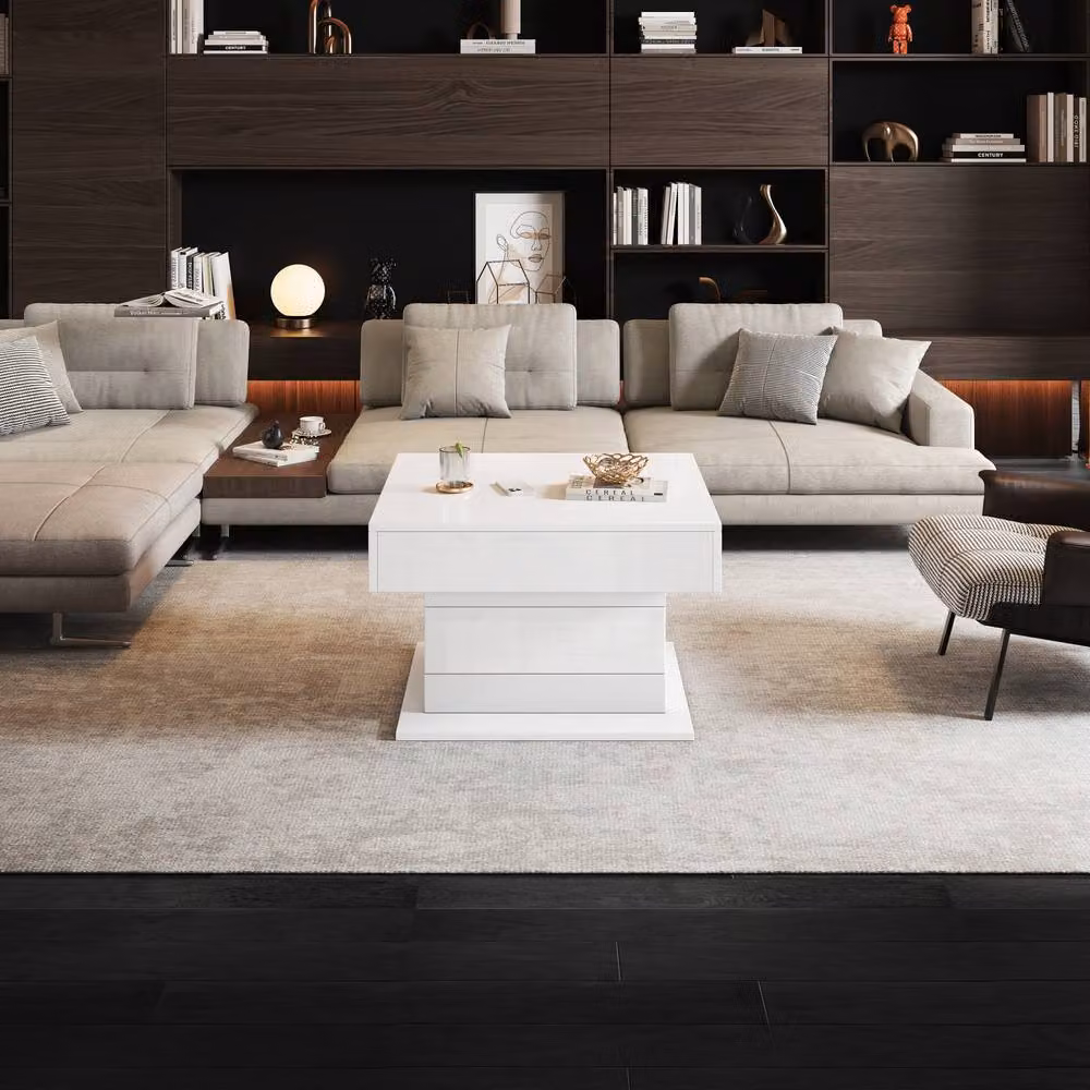 Matteo White High-Gloss Rotating Coffee Table with Lift-Top Storage, W/D/H: 70 x 70 x 70 cm – 3