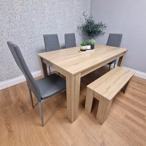 Kosy Koala Oak Effect Dining Table Set with Bench and 4 Grey Faux Leather Chairs, W/D/H: 117 x 77 x 75 cm