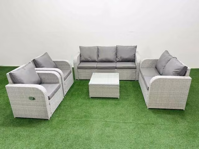 Fimous PE Rattan Garden Furniture Set in Light Grey with 2 Seater Sofa, Adjustable Chairs and Square Coffee Table
