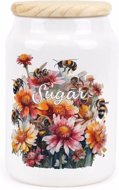 Purely Home Flowers & Bees Ceramic Sugar Storage Canister with Loose Lid, Yellow and White Floral