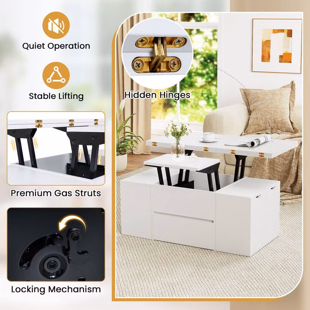 Costway Modern White Lift Top Coffee Table with 4 Storage Stools – 2