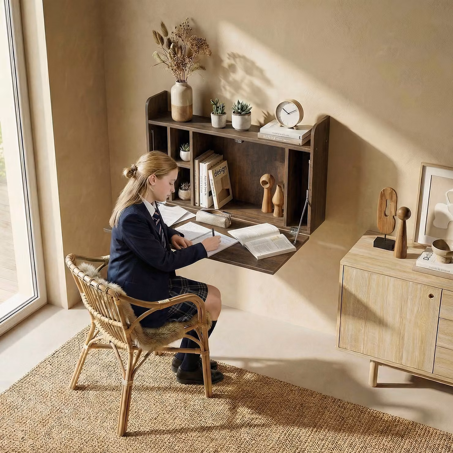 HOMCOM Dark Brown Wall Mounted Drop Leaf Writing Desk with Storage Compartments for Home Office – 7