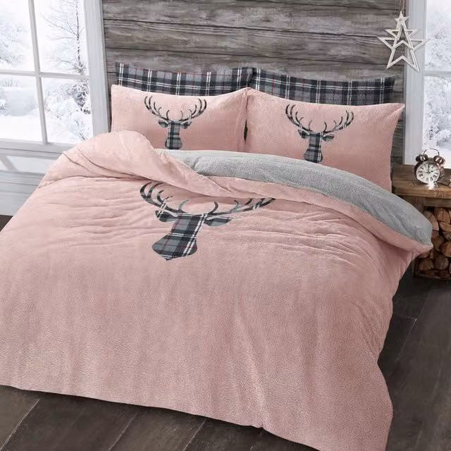 Velosso Stag Head Teddy Warm and Cosy Duvet Cover and Pillowcase Set, Pink, Single, W: 90 cm, L: 200 cm