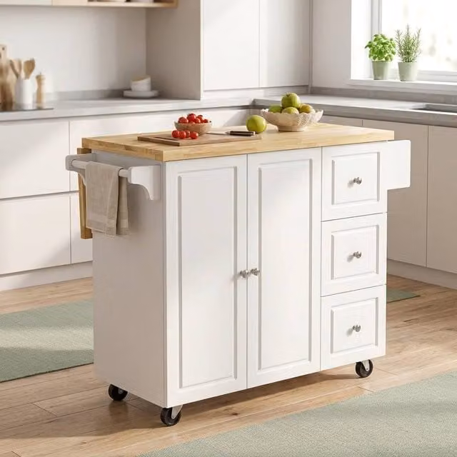 STILVORA Modern White Kitchen Island with Drop Leaf, Drawers and Cabinet