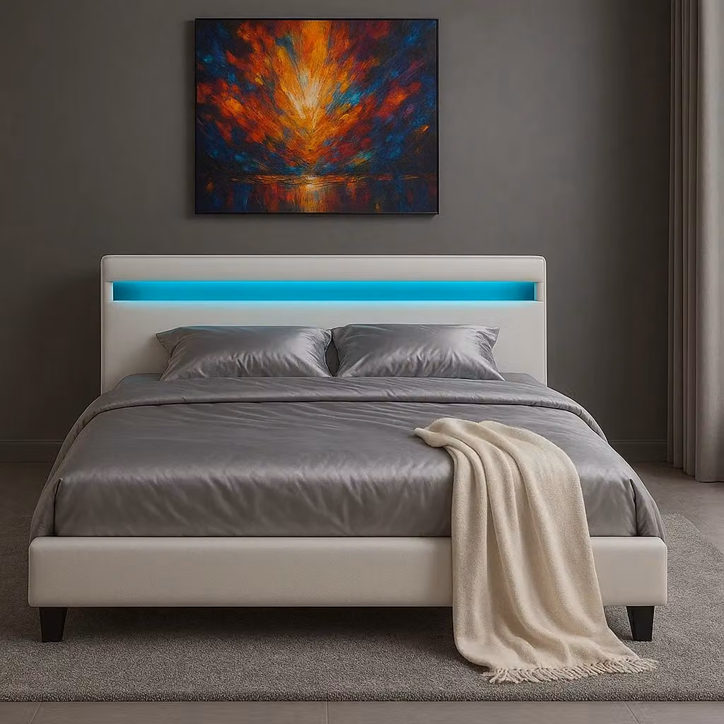 Harmin White Double 4ft6 LED Upholstered Faux Leather Bed Frame with Under-Bed Lighting W/D/H: 140 x 200 cm – 3