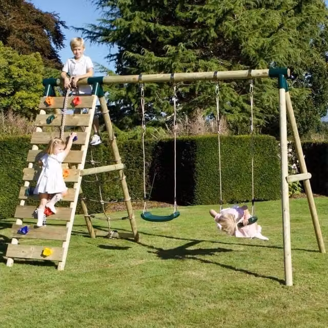 Rebo Ela Wooden Double Swing Set with Up and Over Climbing Wall in Green and Brown