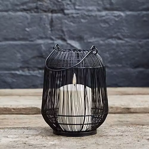 Lights4fun Black Metal Wire Cage Outdoor Garden Lantern with TruGlow Pillar Candle, H 23.5 cm x W 20.5 cm x D 20.5 cm – 2