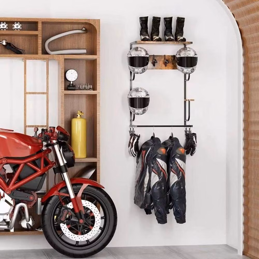 FORGEVIO Industrial Motorcycle Helmet Holder and Jacket Hook Rack in Black and Multicolour – 4