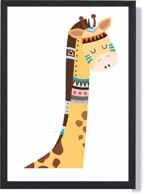 ARTZE Peeking Giraffe Tribal Animal Framed Print, Yellow and Black Illustration with Black Wood Frame