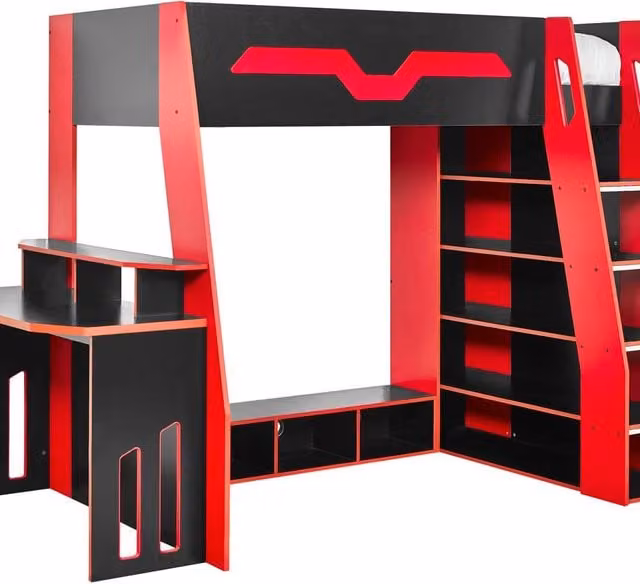 Cheshire Mahogany Single Gaming Highsleeper Bed in Black and Red, W/D/H: 90 x 200 cm – 1