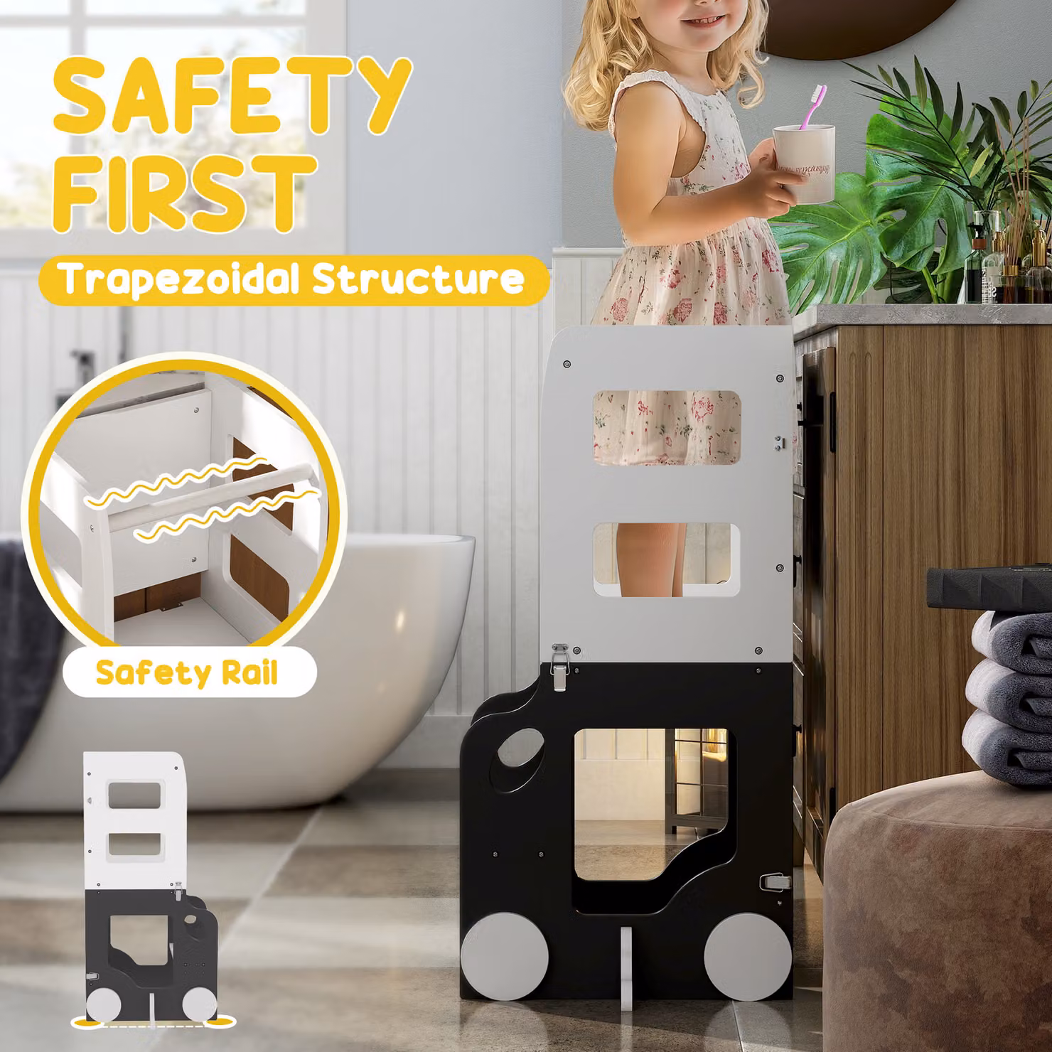 AIYAPLAY 4 in 1 Foldable Toddler Step Stool and Standing Tower with Safety Rail in Grey – 5