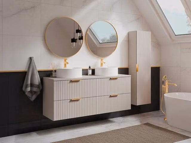 Vente-unique Suspended Striped Bathroom Vanity Unit with Round Ceramic Basin in Beige