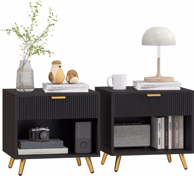 HOMCOM Set of 2 Elegant Bedside Tables with Drawer and Shelf in Black and Gold Tone