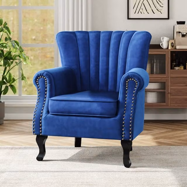 Livingandhome Blue Velvet Upholstered Wing Back Art Deco Sofa with Stud Detailing