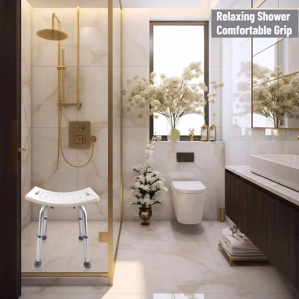 Kelvenix Adjustable Aluminium Shower Chair with Non-Slip Drainage Seat in White – 3