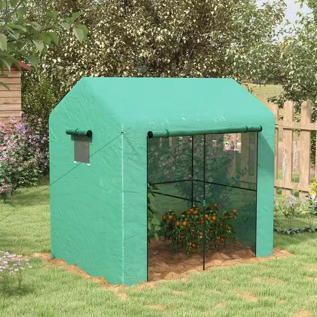 Outsunny Green Walk-in Greenhouse with Roll-up Door and Mesh Windows