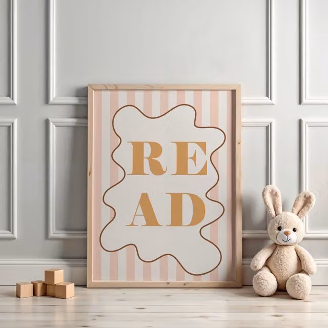 Autumns Corner Read Print Stripy Edition Typography Paper Poster in Pink and Mustard, A4 – 1