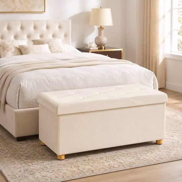 STILVORA Storage Ottoman Bench with Velvet Surface in Beige, W: 120 cm, D: 34 cm, H: 43 cm