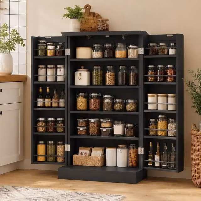 STILVORA Black Lacquered MDF Pantry Cabinet with Hinged Doors and Internal Shelves
