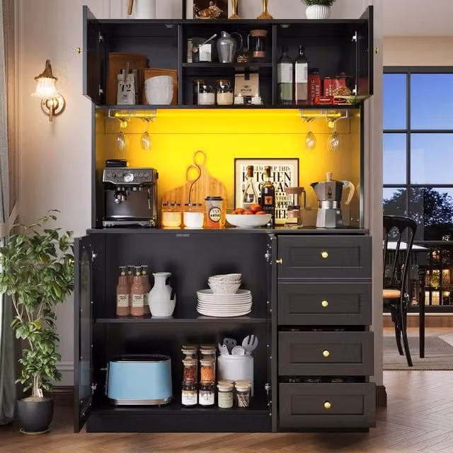 Rolipo Black Farmhouse Buffet Cabinet with LED Lighting and Fluted Glass Doors