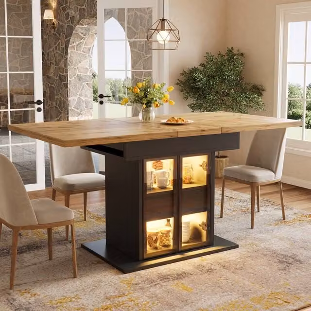 Merax Extendable 4-6 Seater Rectangular Dining Table with LED Lighting and Storage Base in Black