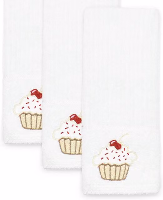 Kitchen Trends Pack of 3 White Striped Cotton Tea Towels with Cupcake Embroidery