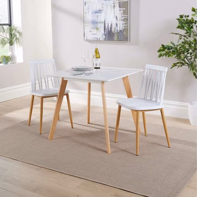 Home Source Trinity Square Dining Table and 2 Lucy Chairs Set in White