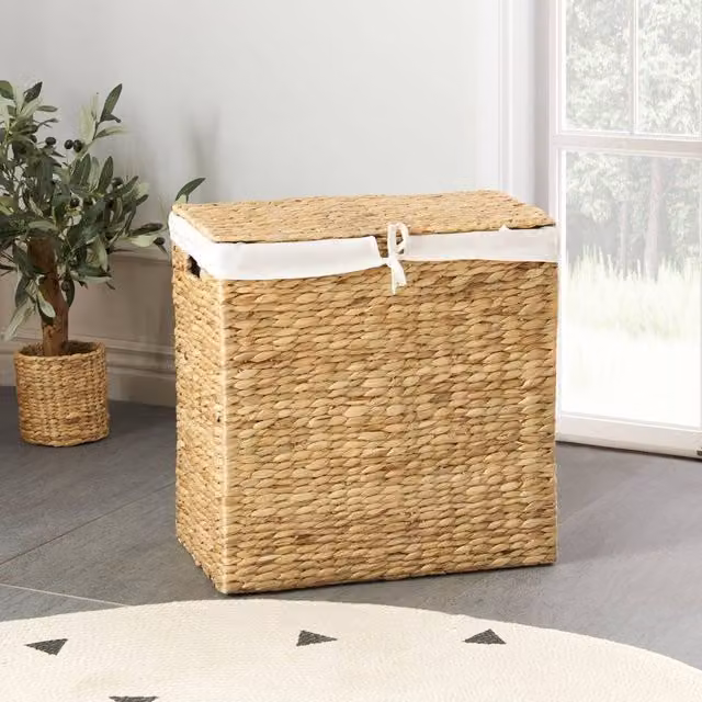 Wyld and Coco Natural Water Hyacinth Laundry Hamper with Lid, 2 Compartments and Handles in Beige