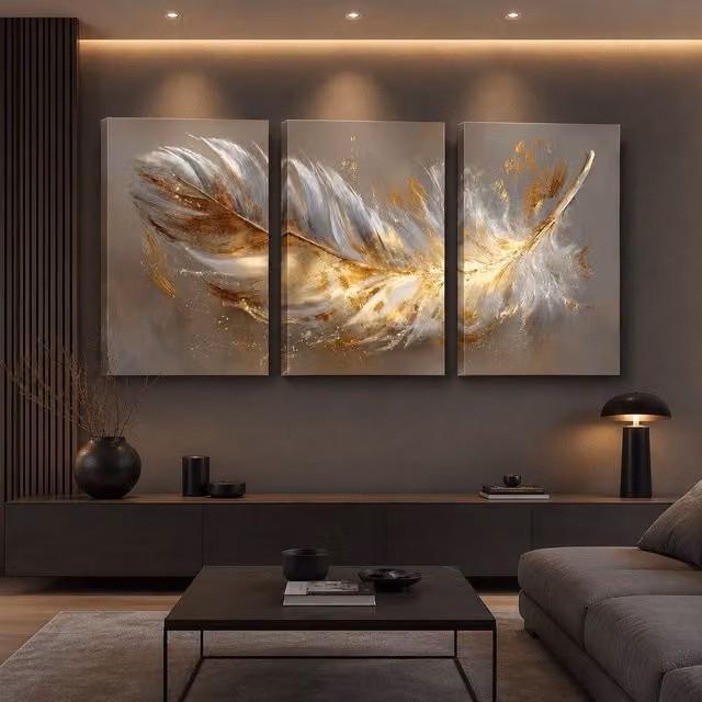 Mafett Modern Gold Abstract Feather Triptych Canvas Wall Art Print – 1