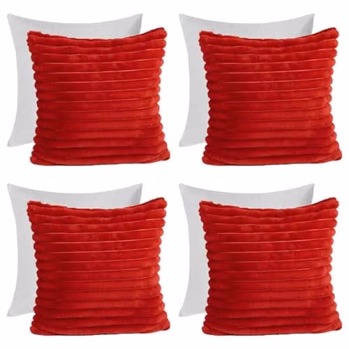 OHS Pack of 4 Red Faux Fur Ribbed Scatter Cushions with Removable Covers, 45 x 45 cm